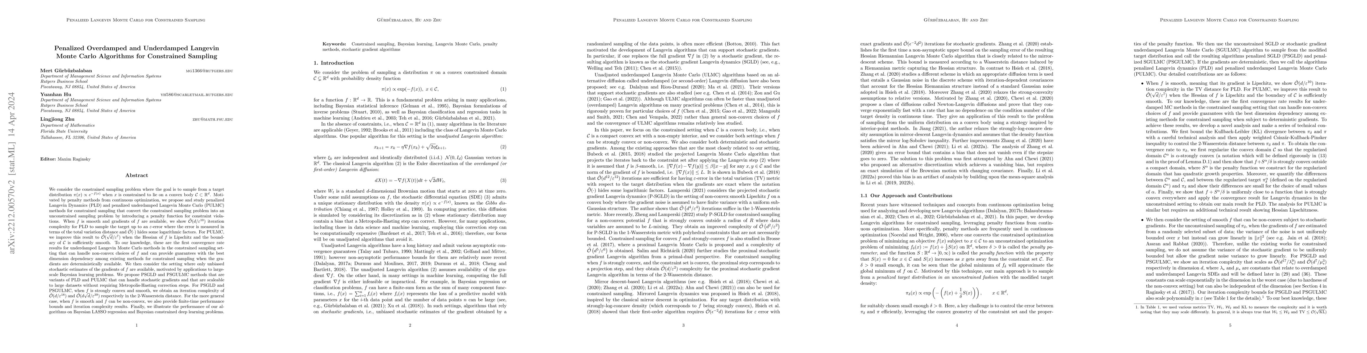 Thumbnail for Penalized Overdamped and Underdamped Langevin Monte Carlo Algorithms for
  Constrained Sampling