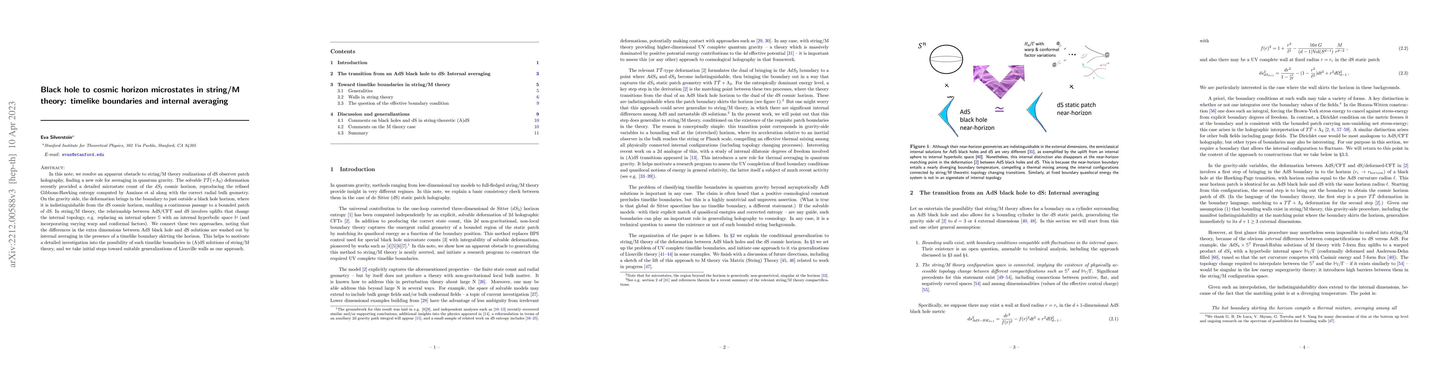 Thumbnail for Black hole to cosmic horizon microstates in string/M theory: timelike
  boundaries and internal averaging