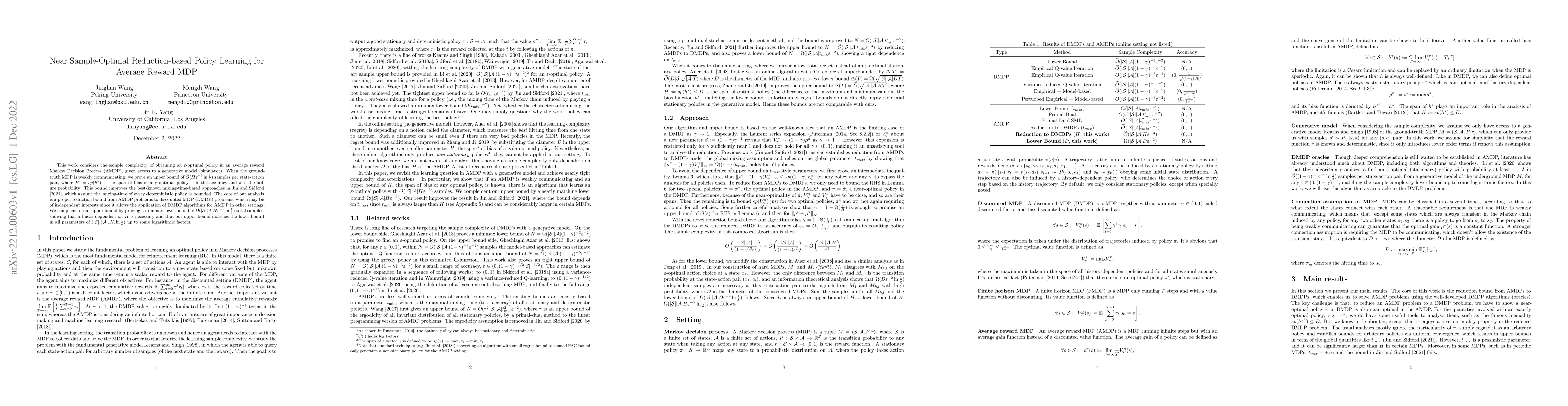Thumbnail for Near Sample-Optimal Reduction-based Policy Learning for Average Reward
  MDP