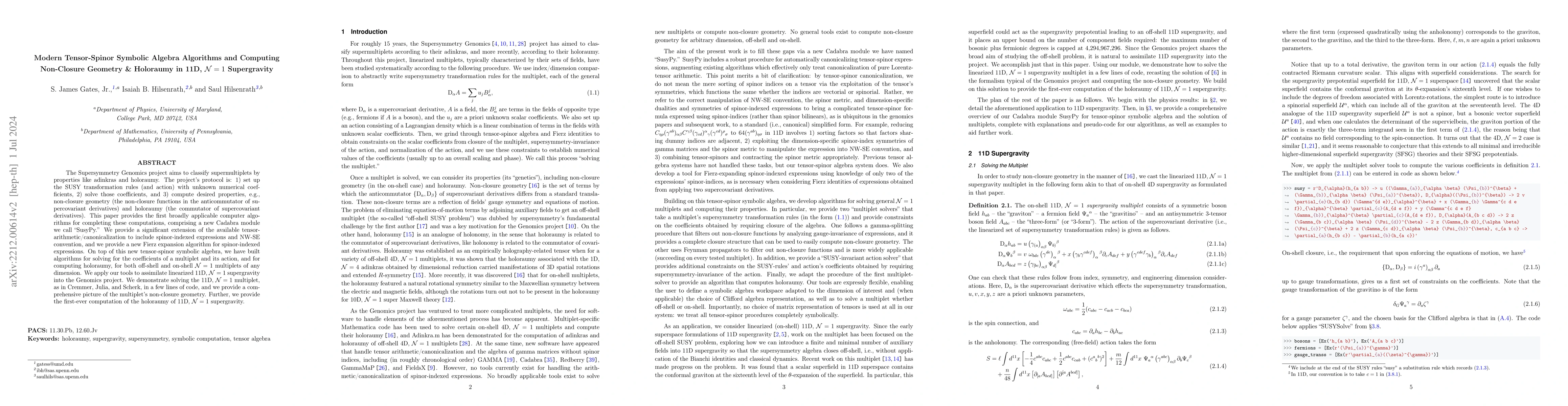 Thumbnail for Modern Tensor-Spinor Symbolic Algebra Algorithms and Computing
  Non-Closure Geometry & Holoraumy in 11D, N = 1 Supergravity