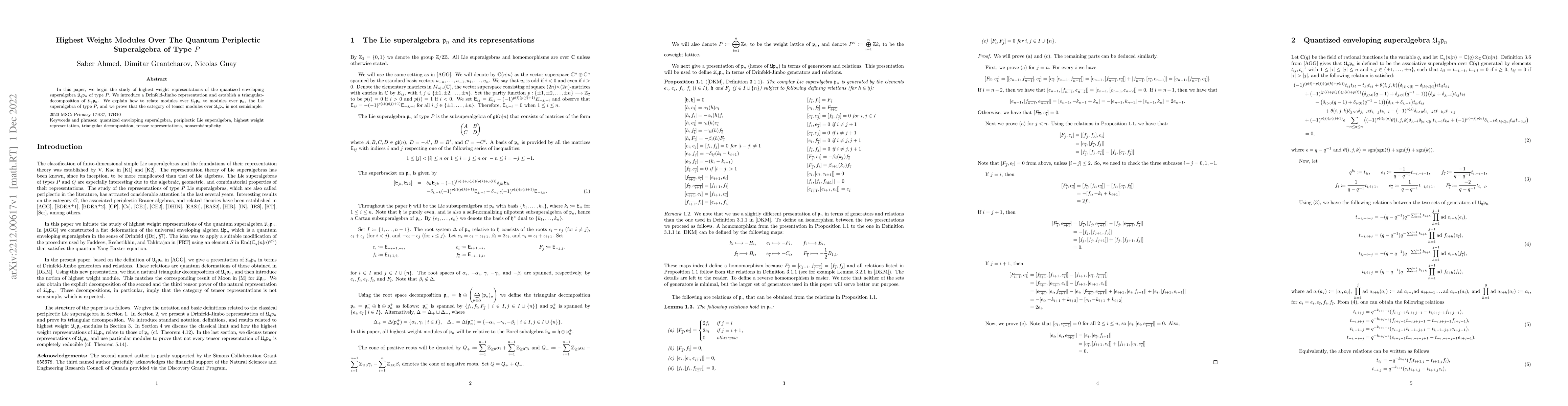 Thumbnail for Highest Weight Modules Over The Quantum Periplectic Superalgebra of Type
  $P$