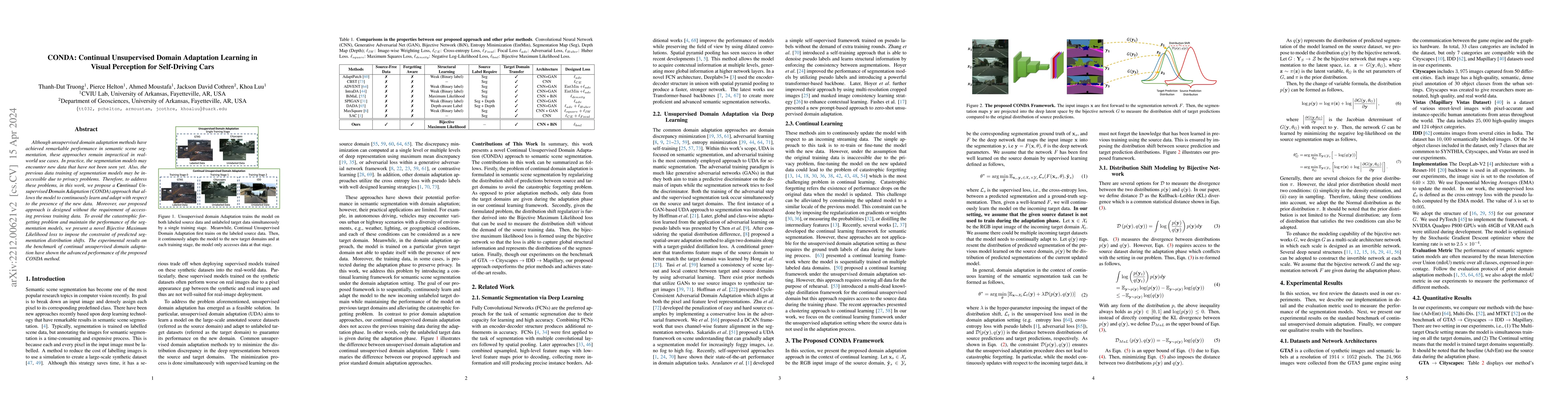Thumbnail for CONDA: Continual Unsupervised Domain Adaptation Learning in Visual
  Perception for Self-Driving Cars