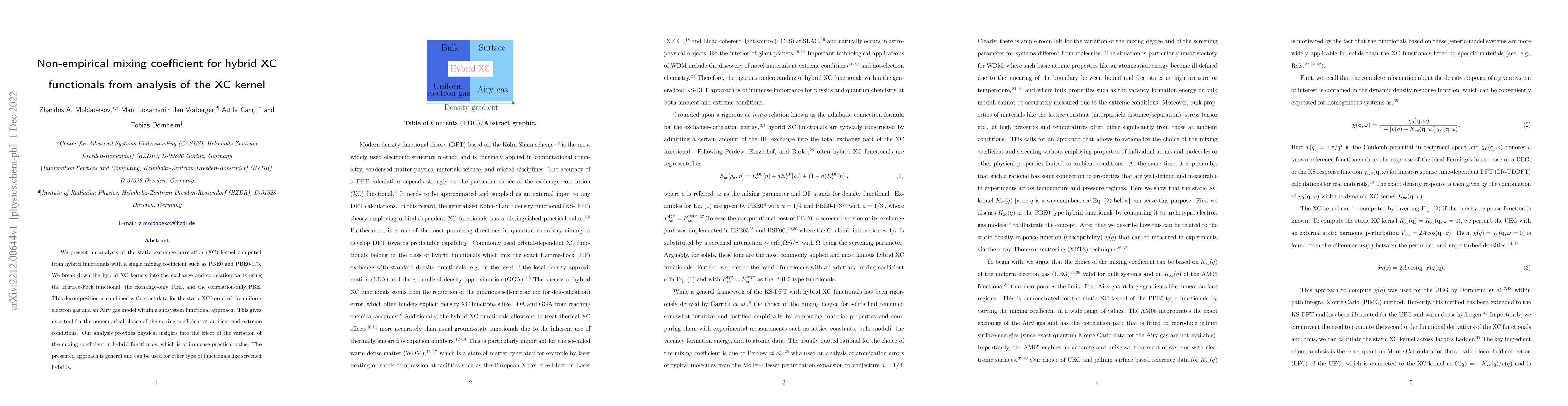 Thumbnail for Non-empirical mixing coefficient for hybrid XC functionals from analysis
  of the XC kernel