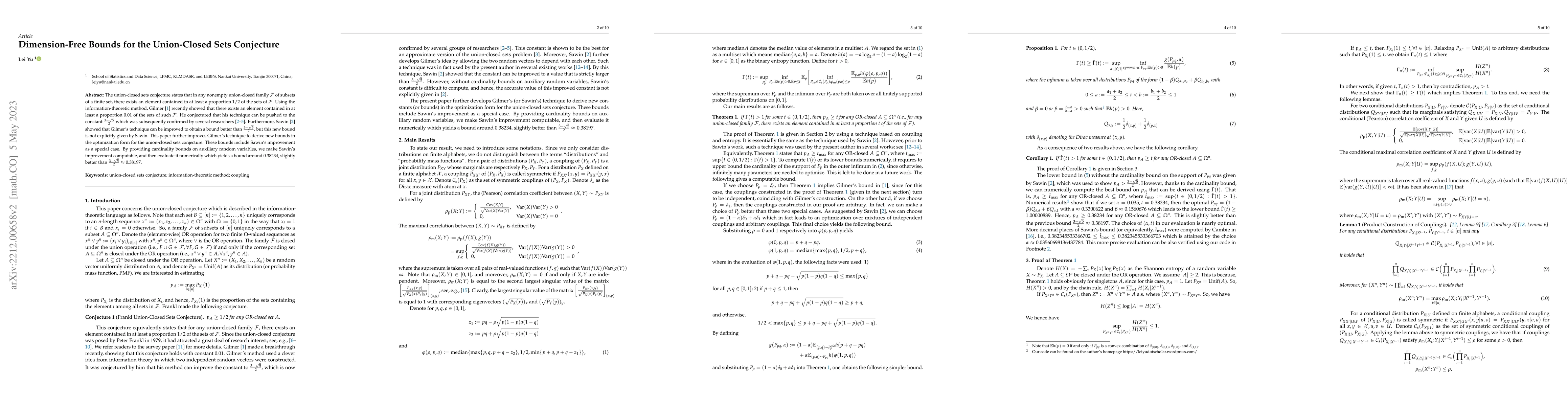 Thumbnail for Dimension-Free Bounds for the Union-Closed Sets Conjecture