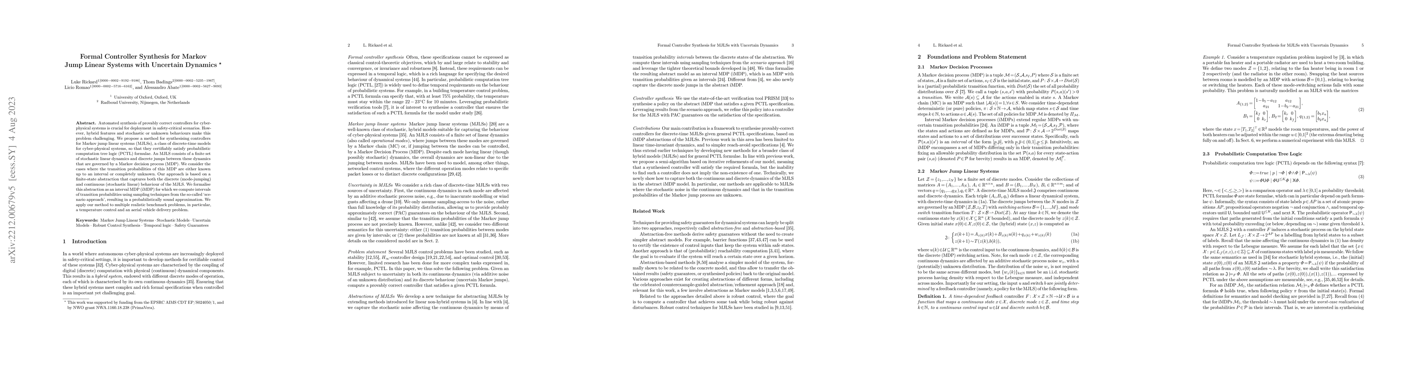 Thumbnail for Formal Controller Synthesis for Markov Jump Linear Systems with
  Uncertain Dynamics