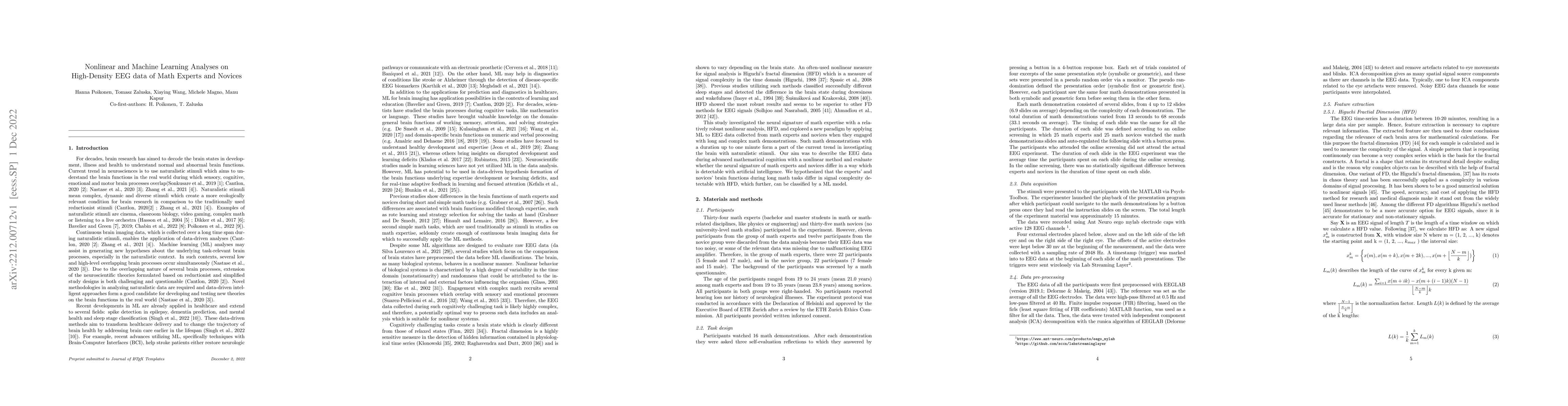 Thumbnail for Nonlinear and Machine Learning Analyses on High-Density EEG data of Math
  Experts and Novices