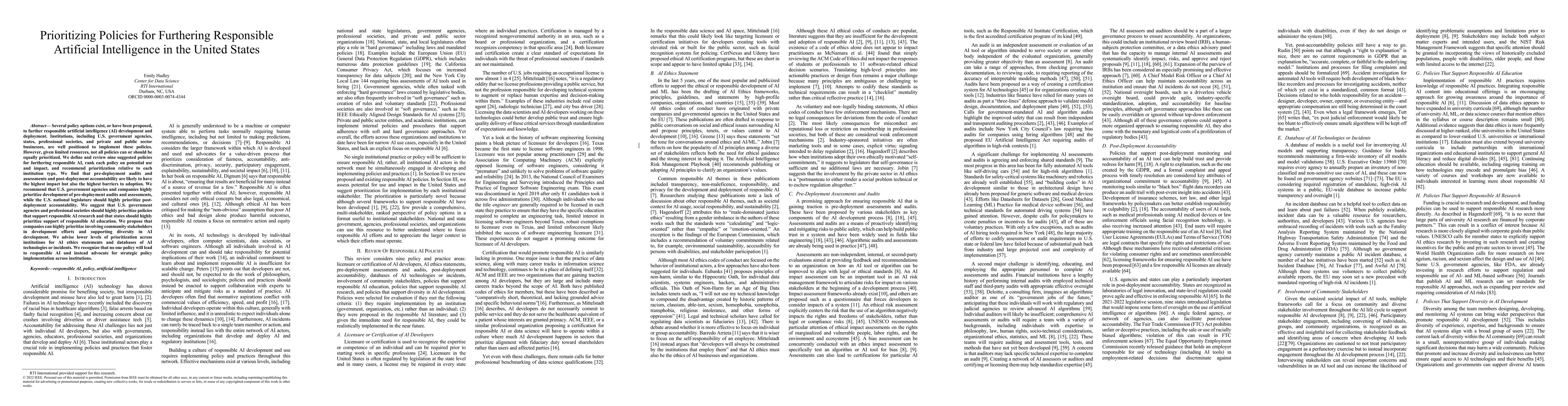 Thumbnail for Prioritizing Policies for Furthering Responsible Artificial Intelligence
  in the United States