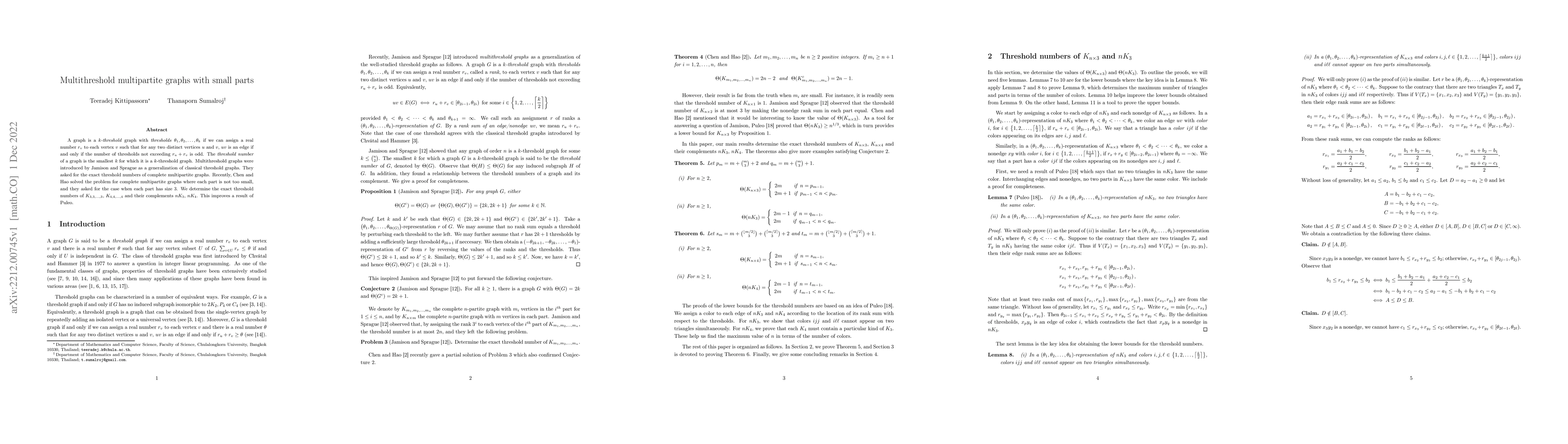 Thumbnail for Multithreshold multipartite graphs with small parts