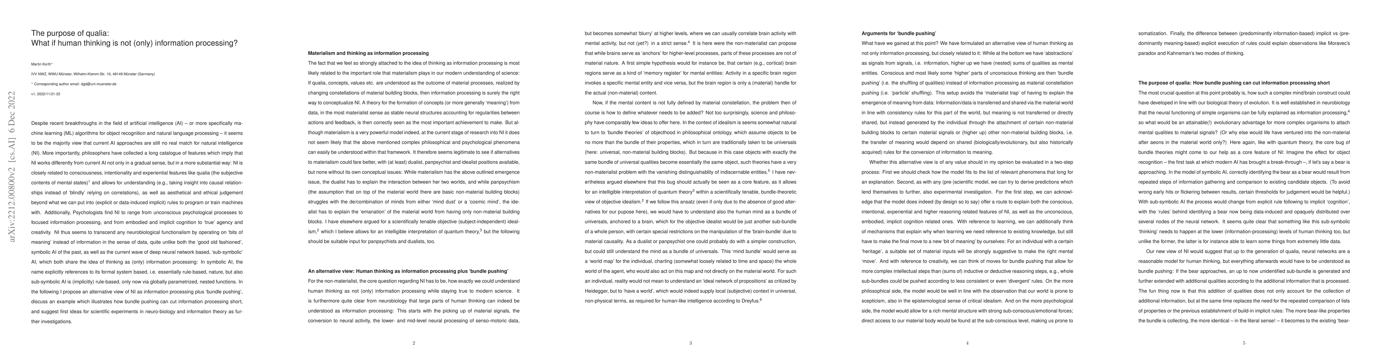 Thumbnail for The purpose of qualia: What if human thinking is not (only) information
  processing?