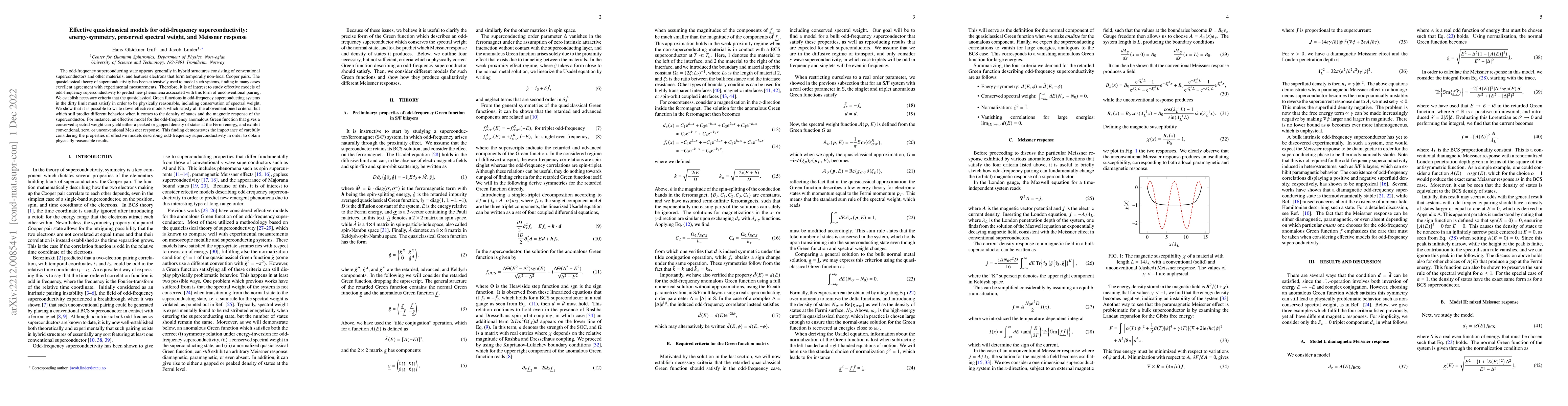 Thumbnail for Effective quasiclassical models for odd-frequency superconductivity:
  energy-symmetry, preserved spectral weight, and Meissner response