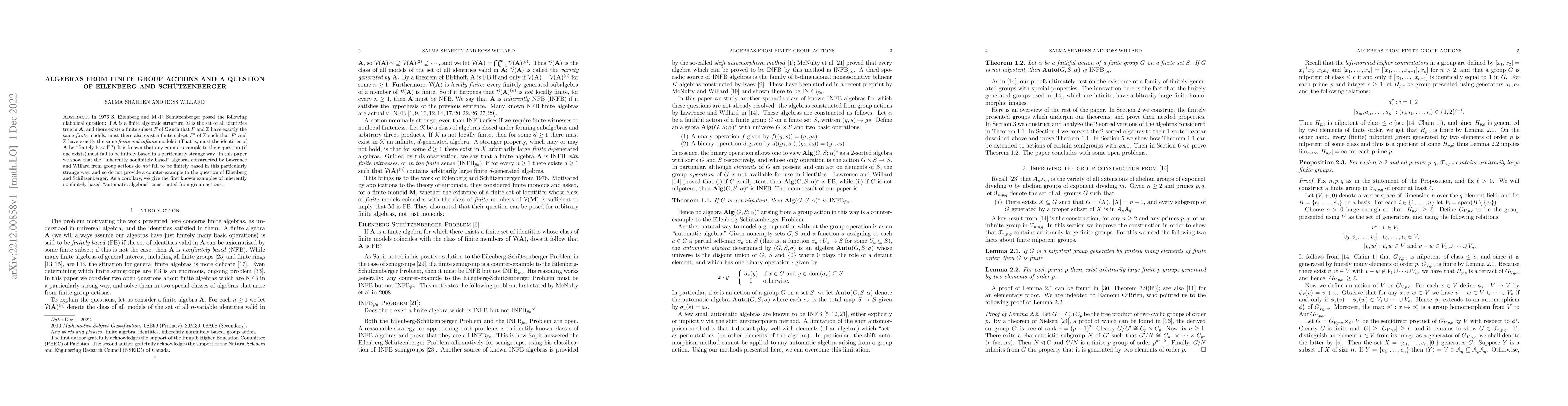 Thumbnail for Algebras from finite group actions and a question of Eilenberg and
  Sch\"{u}tzenberger