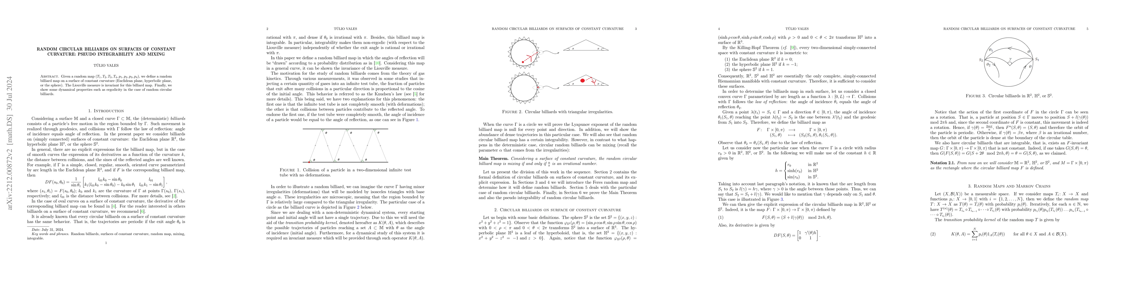 Thumbnail for Random circular billiards on surfaces of constant curvature: Pseudo
  integrability and mixing