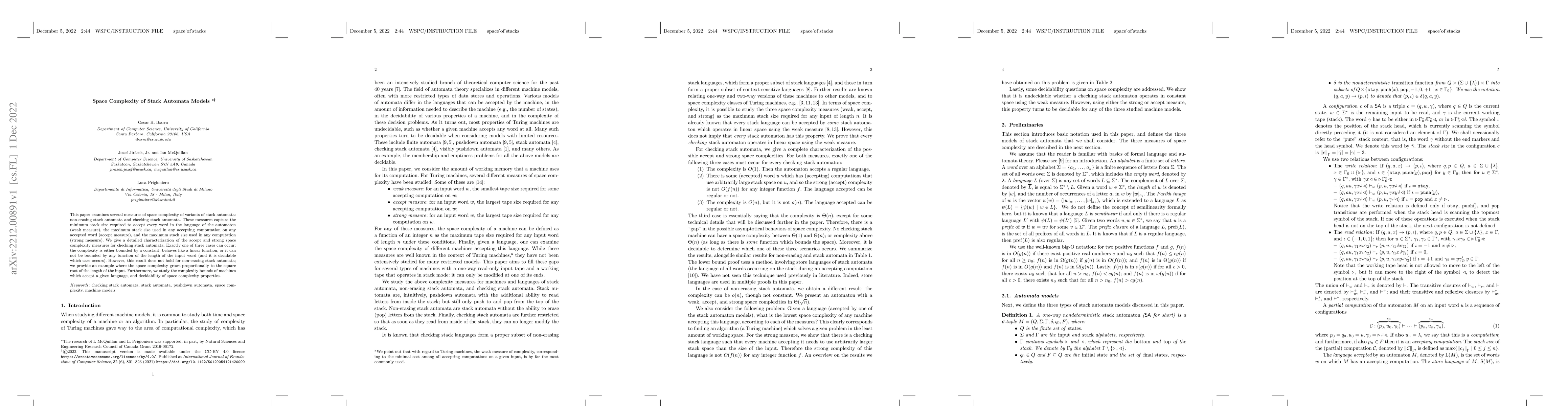Thumbnail for Space Complexity of Stack Automata Models