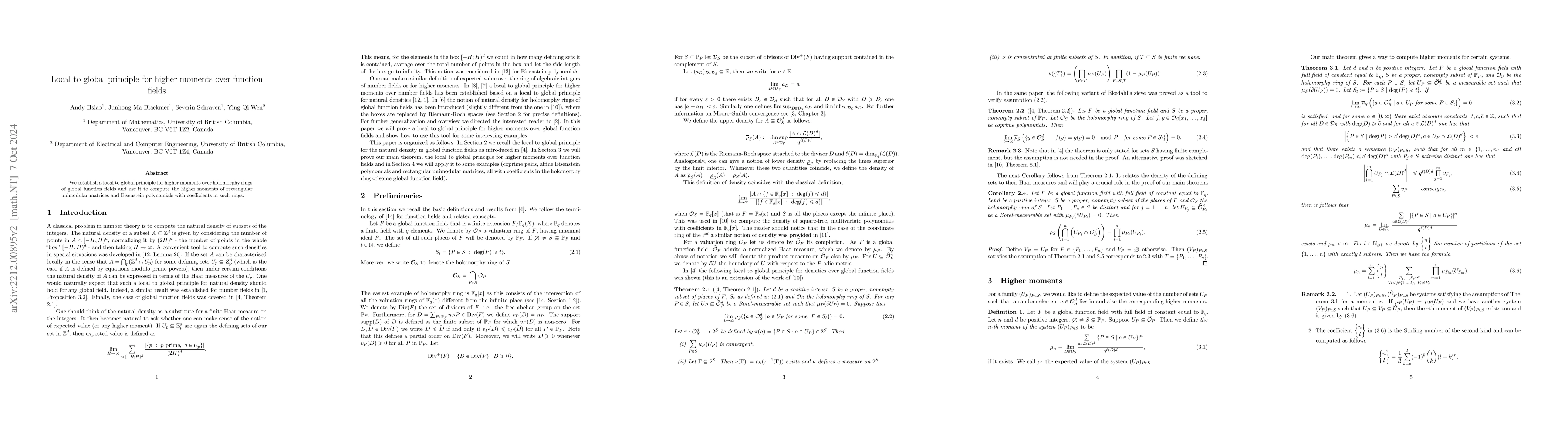Thumbnail for Local to global principle for higher moments over function fields