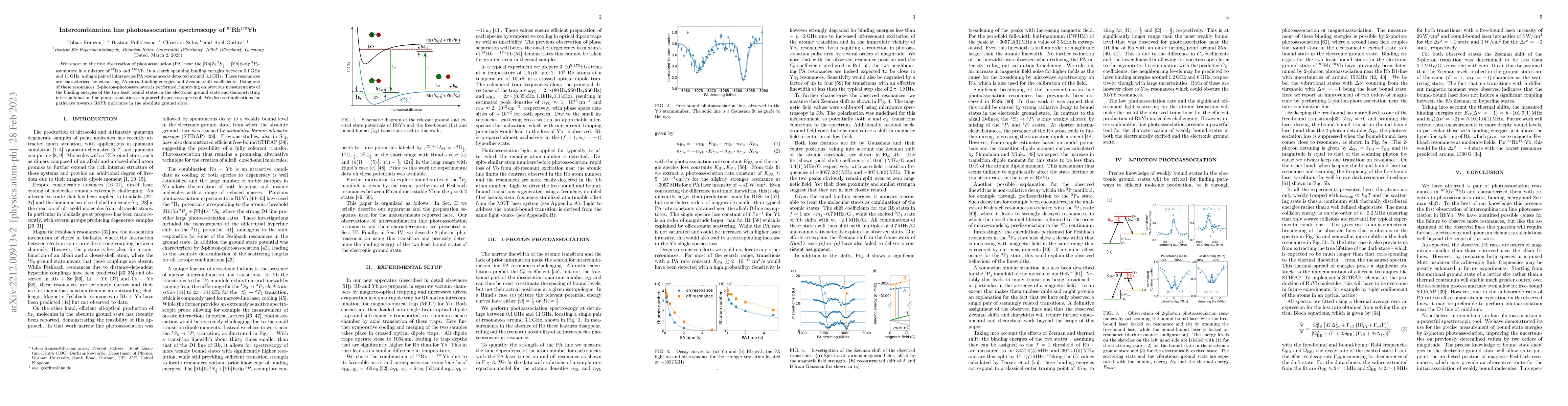 Thumbnail for Intercombination line photoassociation spectroscopy of
  ${}^{87}$Rb${}^{170}$Yb