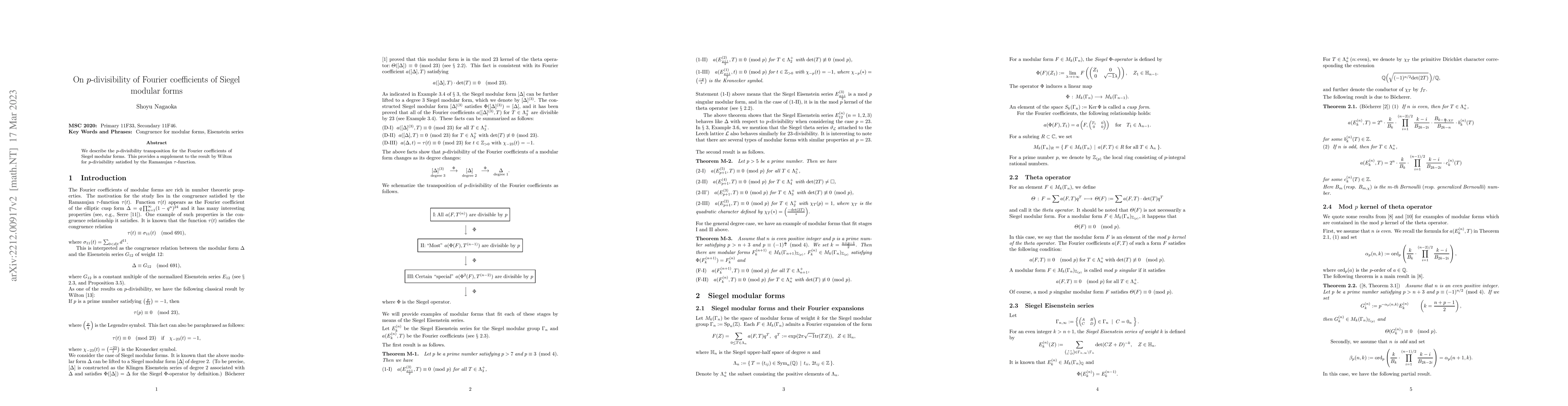 Thumbnail for On $p$-divisibility of Fourier coefficients of Siegel modular forms