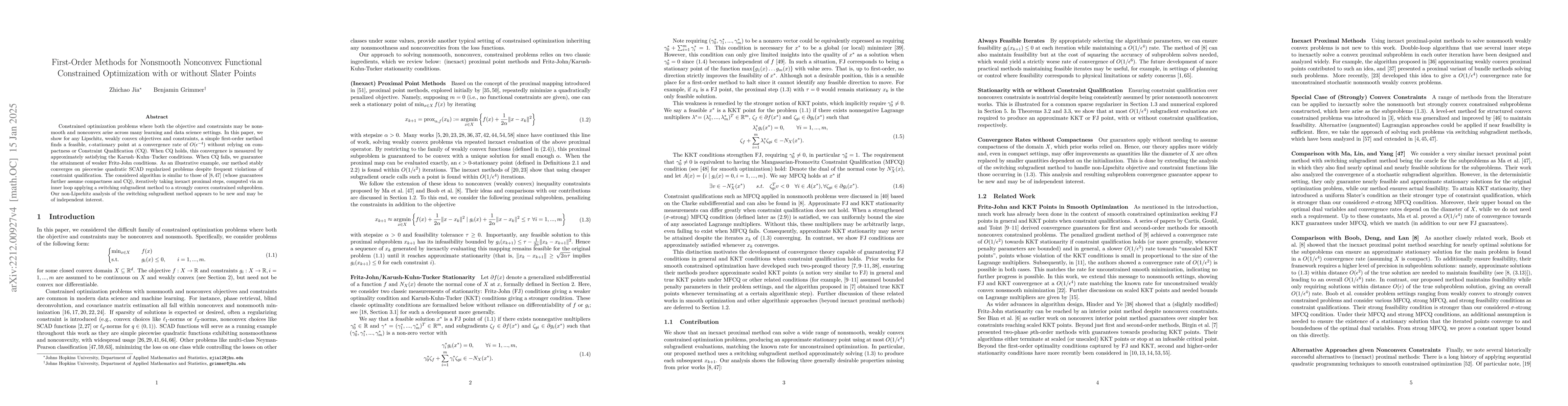 Thumbnail for First-Order Methods for Nonsmooth Nonconvex Functional Constrained
  Optimization with or without Slater Points