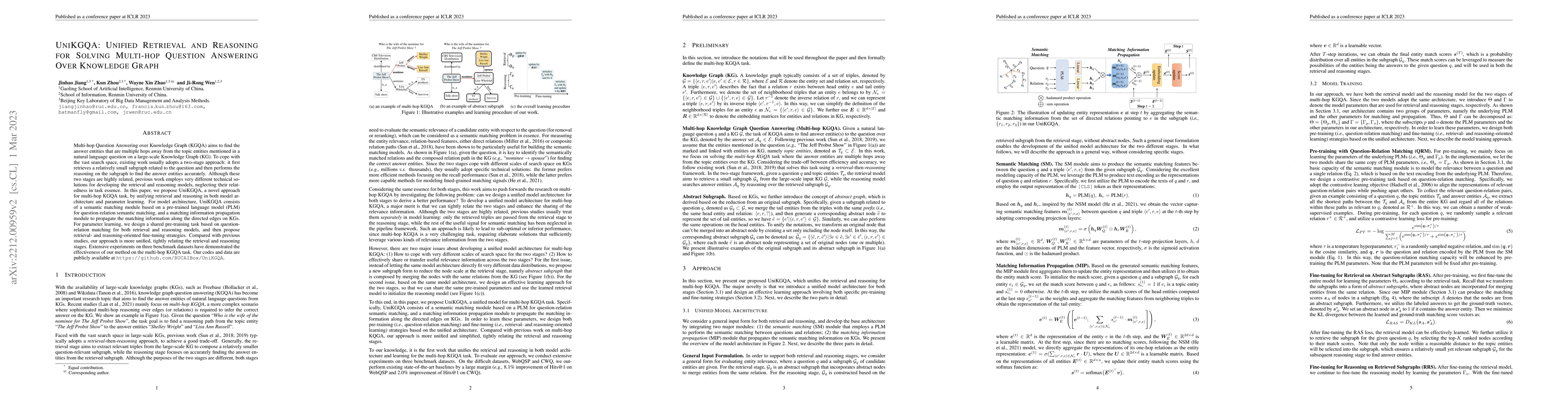 Thumbnail for UniKGQA: Unified Retrieval and Reasoning for Solving Multi-hop Question
  Answering Over Knowledge Graph