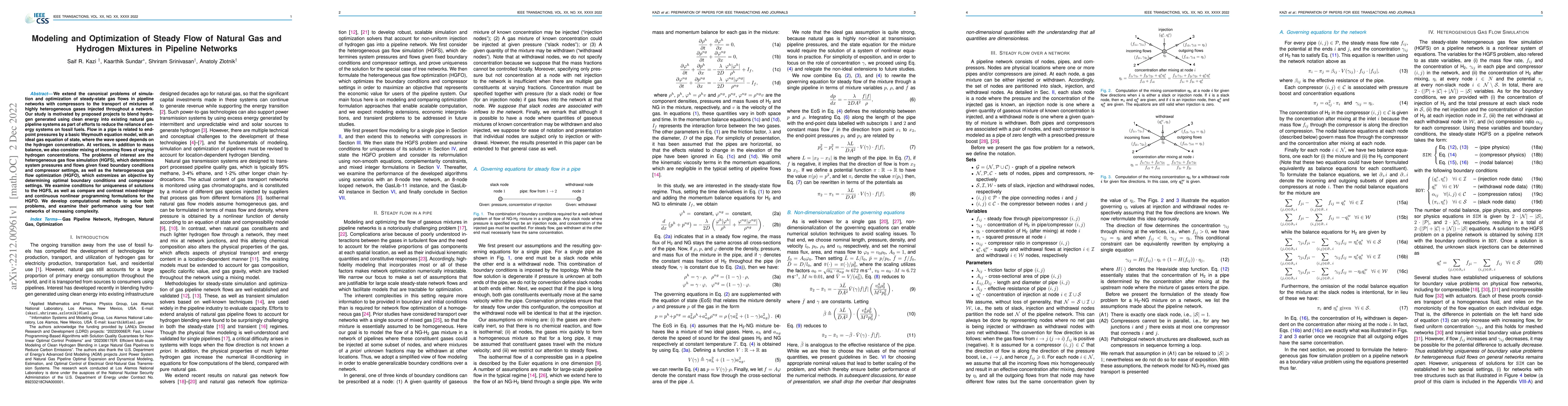 Thumbnail for Modeling and Optimization of Steady Flow of Natural Gas and Hydrogen
  Mixtures in Pipeline Networks
