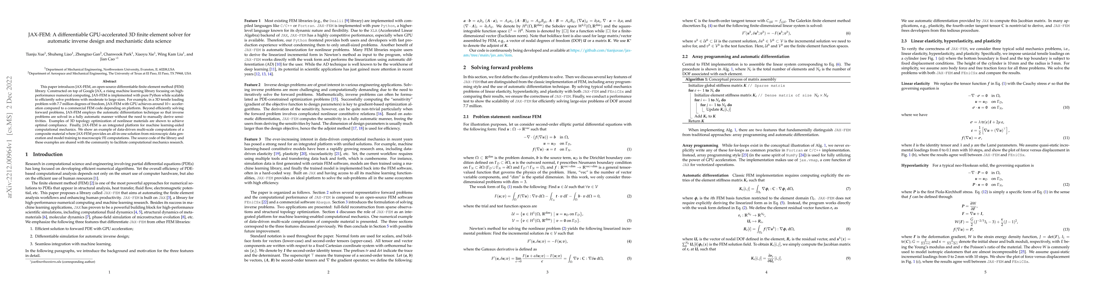 Thumbnail for JAX-FEM: A differentiable GPU-accelerated 3D finite element solver for
  automatic inverse design and mechanistic data science