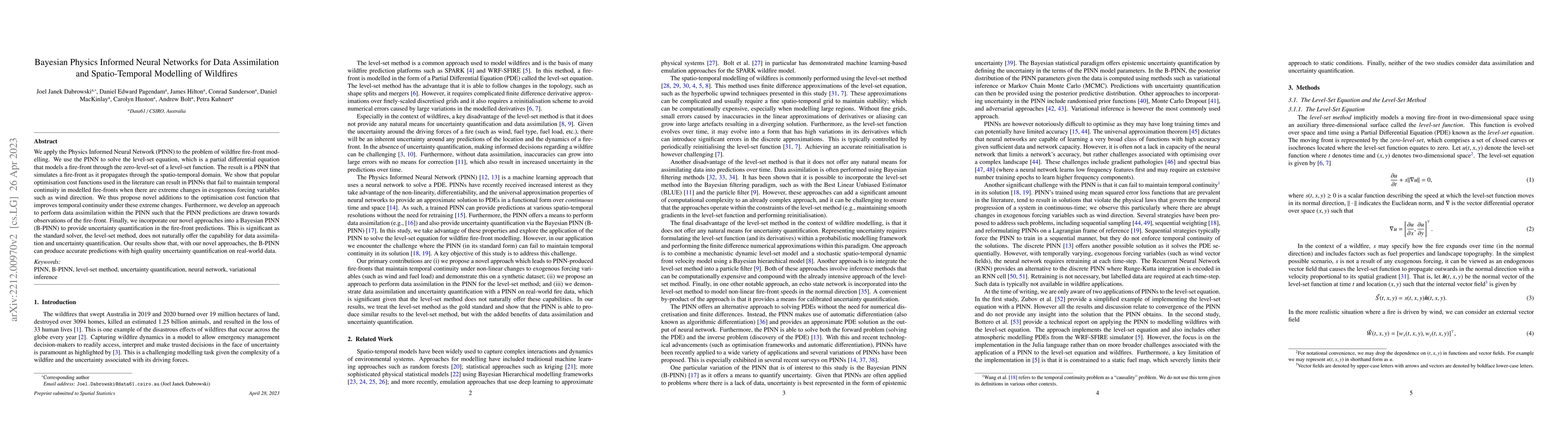Thumbnail for Bayesian Physics Informed Neural Networks for Data Assimilation and
  Spatio-Temporal Modelling of Wildfires