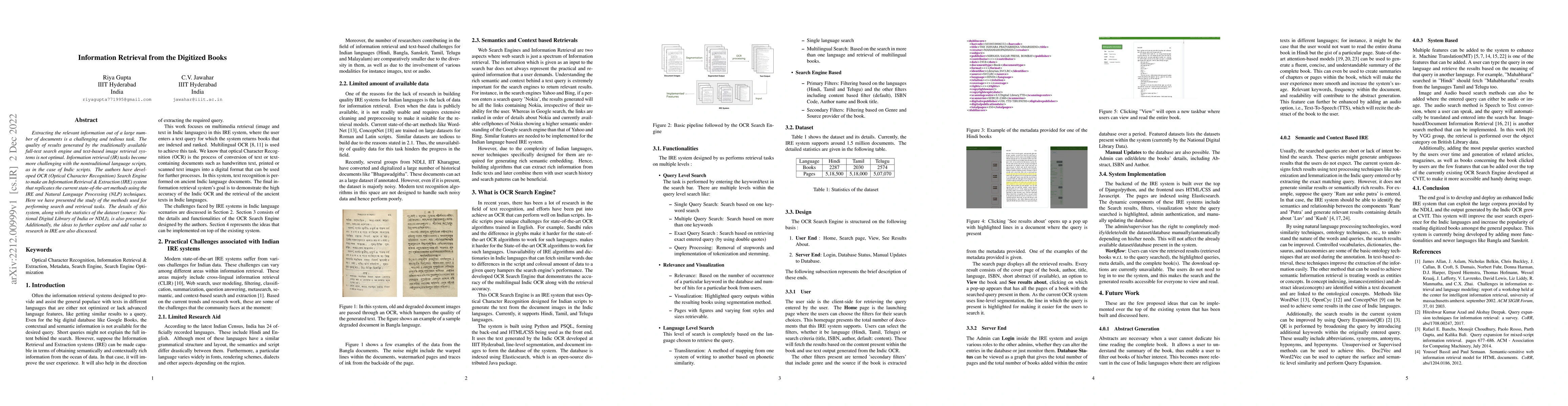 Thumbnail for Information Retrieval from the Digitized Books