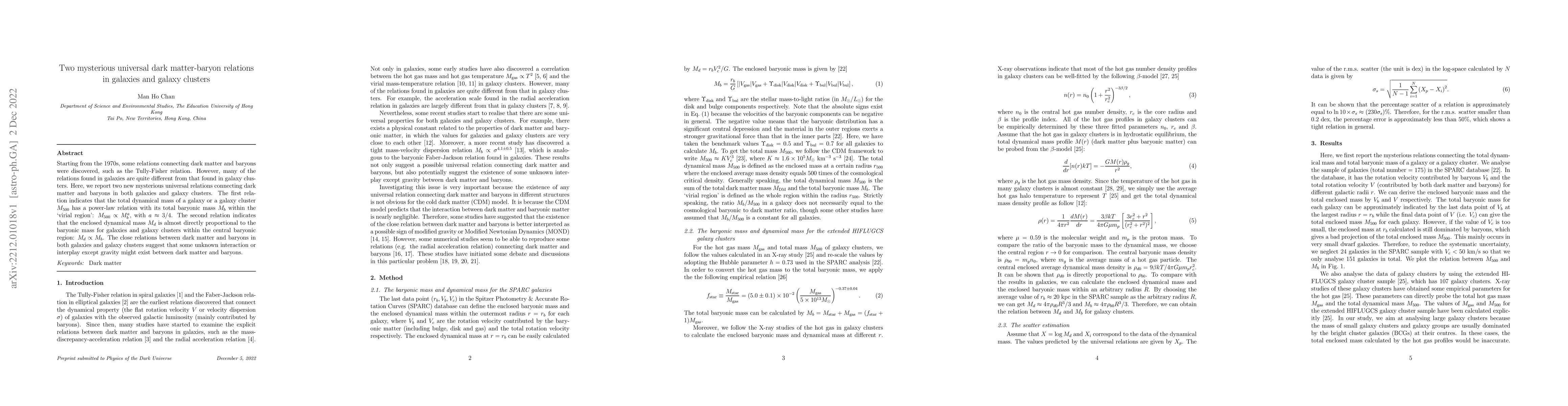 Thumbnail for Two mysterious universal dark matter-baryon relations in galaxies and
  galaxy clusters