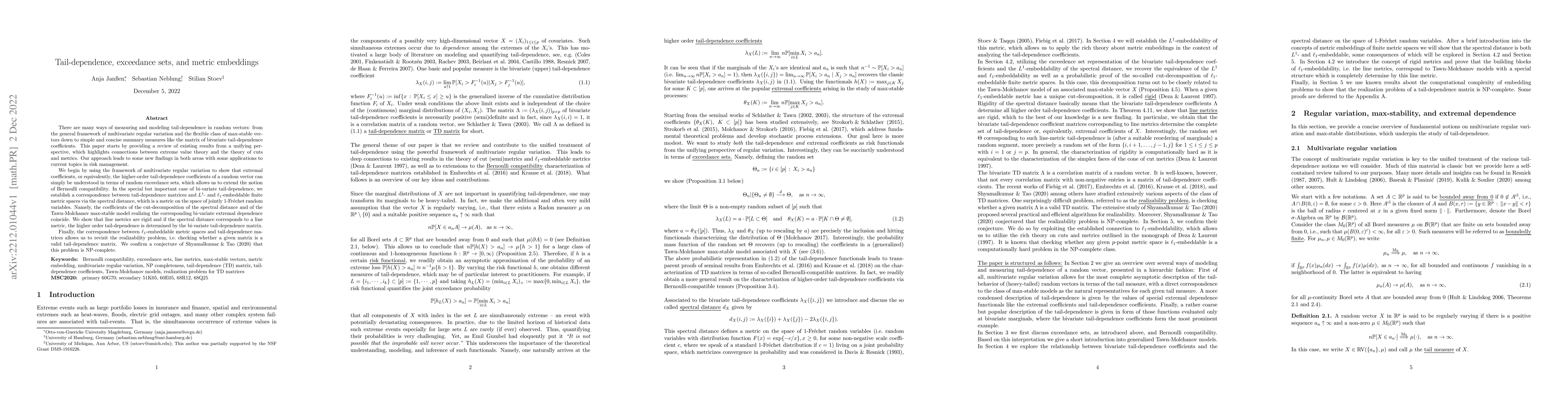 Thumbnail for Tail-dependence, exceedance sets, and metric embeddings