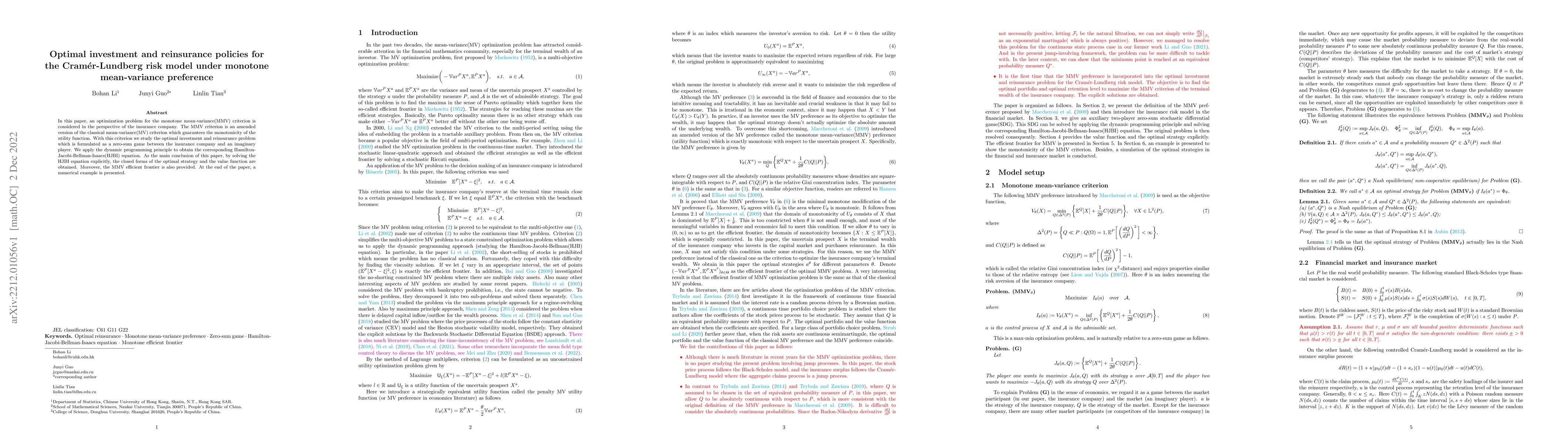 Thumbnail for Optimal investment and reinsurance policies for the Cram{\'e}r-Lundberg
  risk model under monotone mean-variance preference