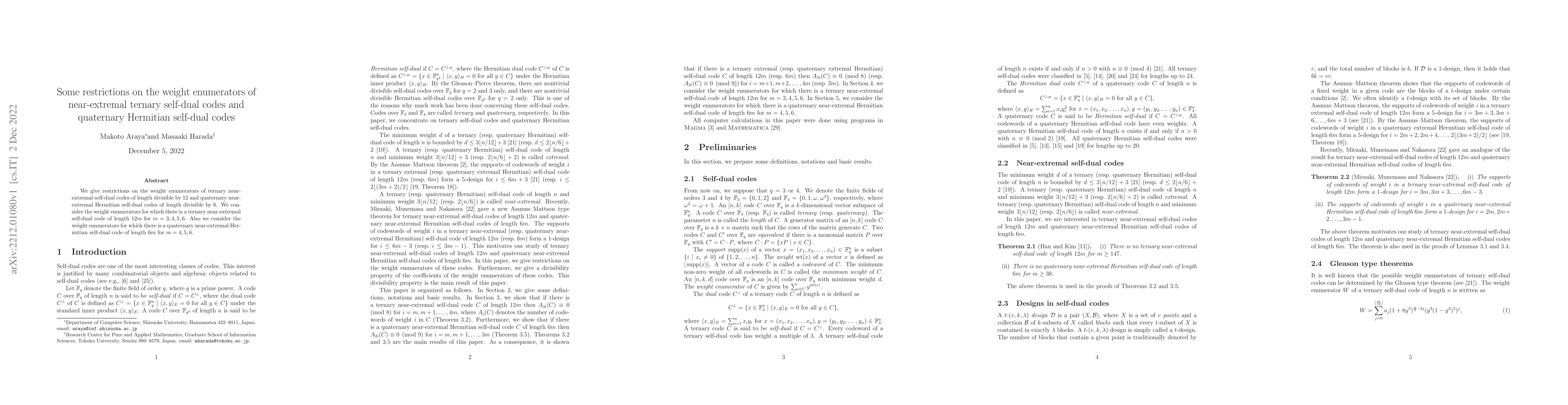 Thumbnail for Some restrictions on the weight enumerators of near-extremal ternary
  self-dual codes and quaternary Hermitian self-dual codes