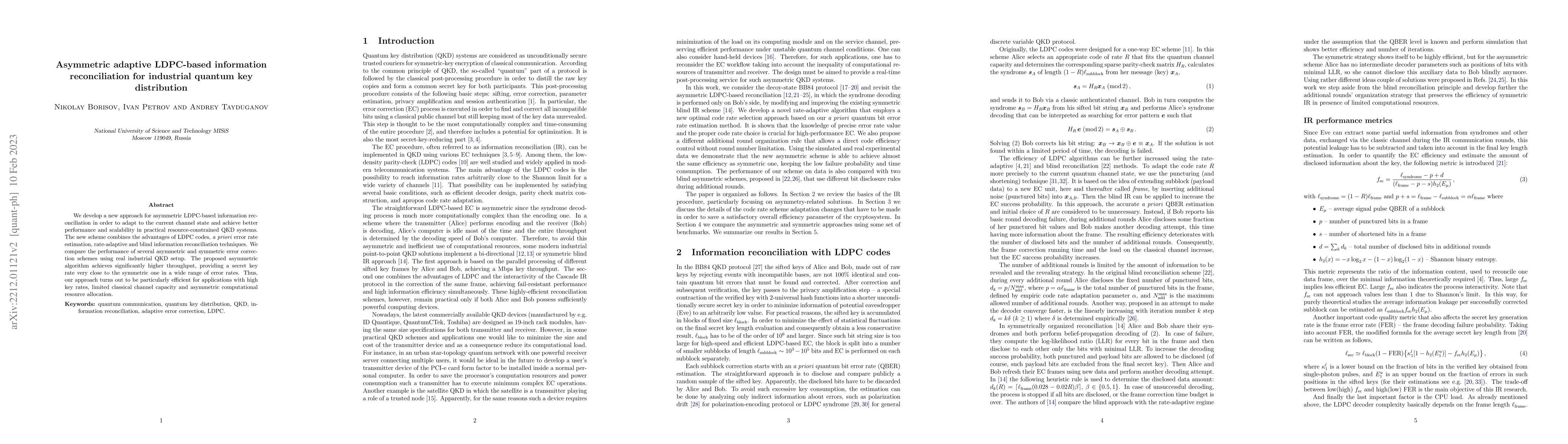 Thumbnail for Asymmetric adaptive LDPC-based information reconciliation for industrial
  quantum key distribution