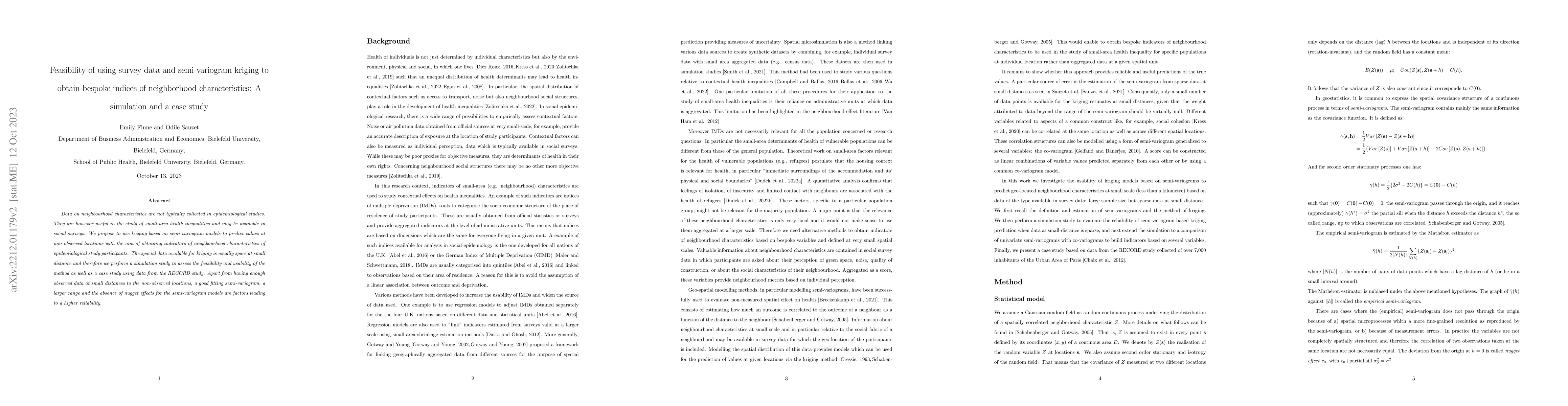 Thumbnail for Feasibility of using survey data and semi-variogram kriging to obtain
  bespoke indices of neighbourhood characteristics: a simulation and a case
  study