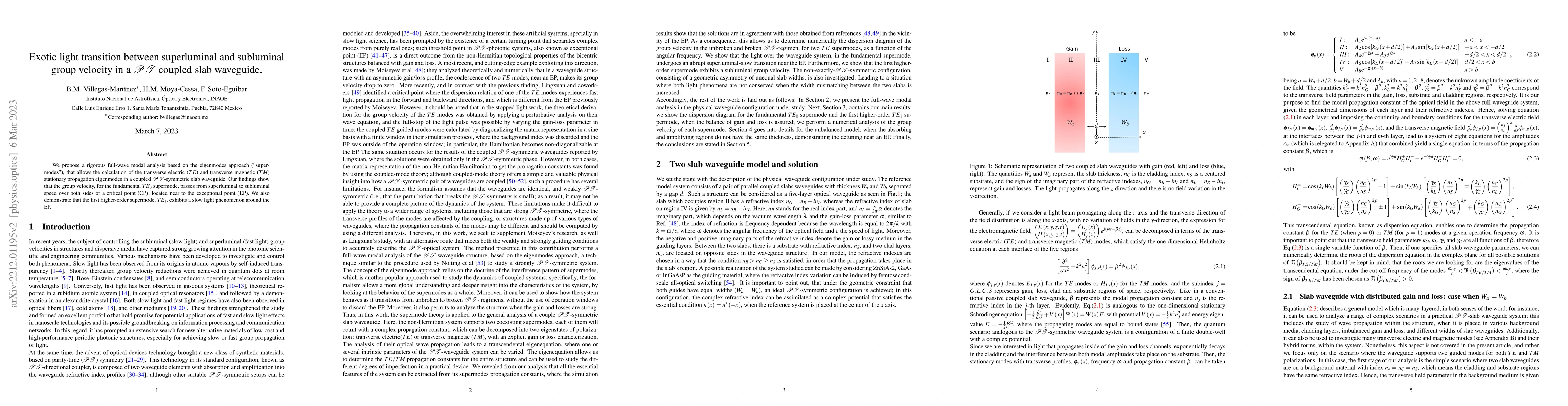 Thumbnail for Exotic light transition between superluminal and subliminal group
  velocity in a $\mathcal{PT}$ coupled slab waveguide