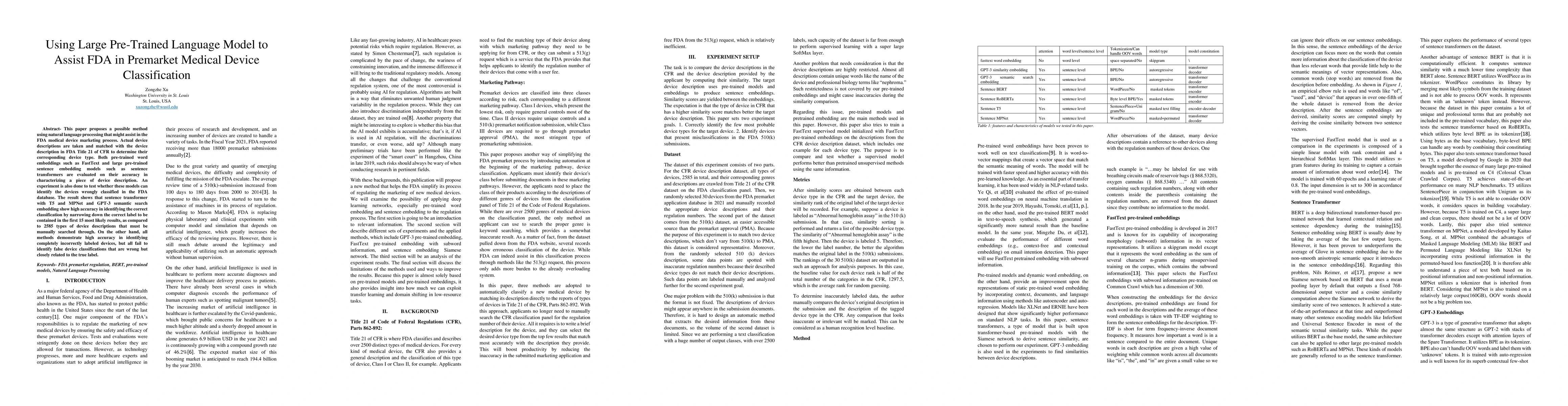 Thumbnail for Using Large Pre-Trained Language Model to Assist FDA in Premarket
  Medical Device