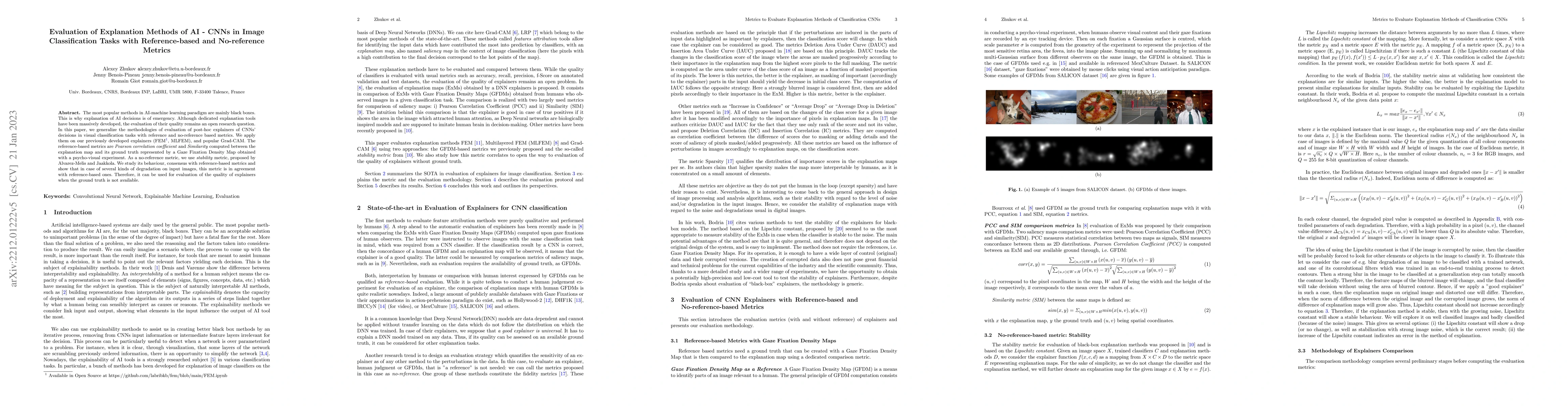 Thumbnail for Evaluation of Explanation Methods of AI -- CNNs in Image Classification
  Tasks with Reference-based and No-reference Metrics