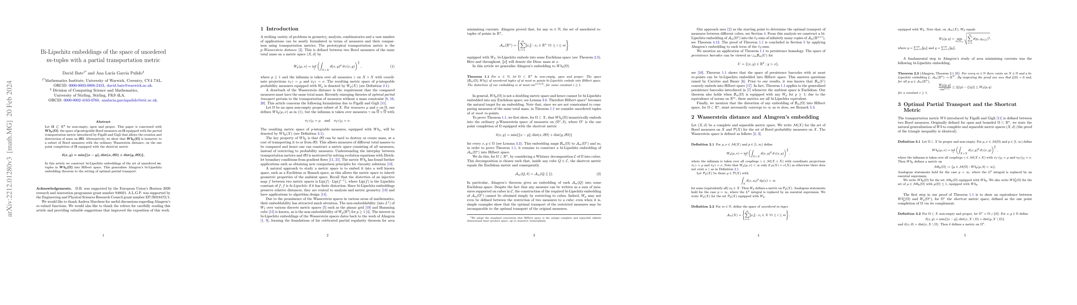 Thumbnail for Bi-Lipschitz embeddings of the space of unordered $m$-tuples with a
  partial transportation metric