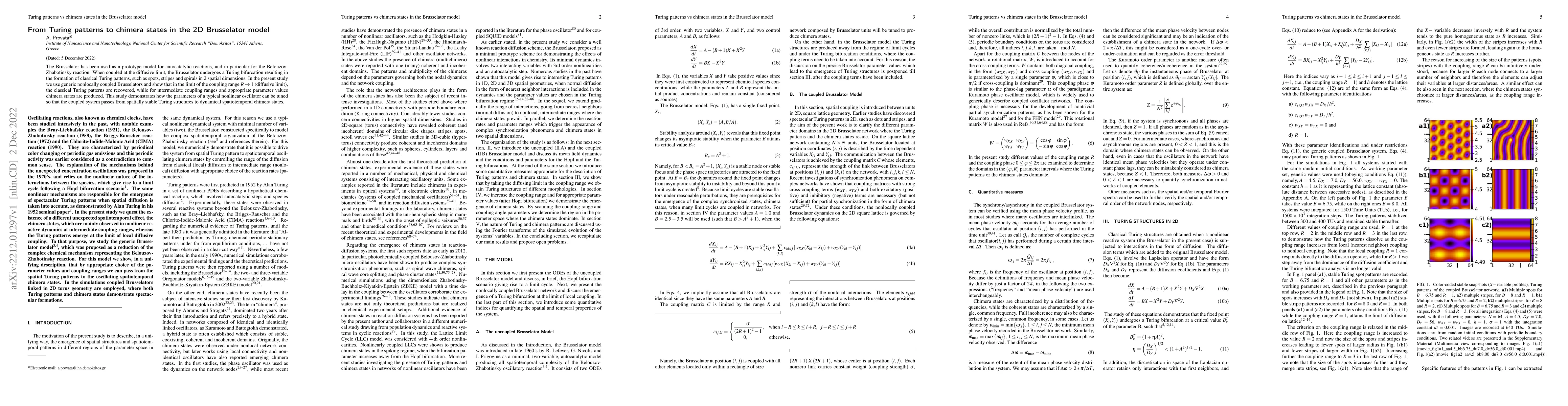 Thumbnail for From Turing patterns to chimera states in the 2D Brusselator model