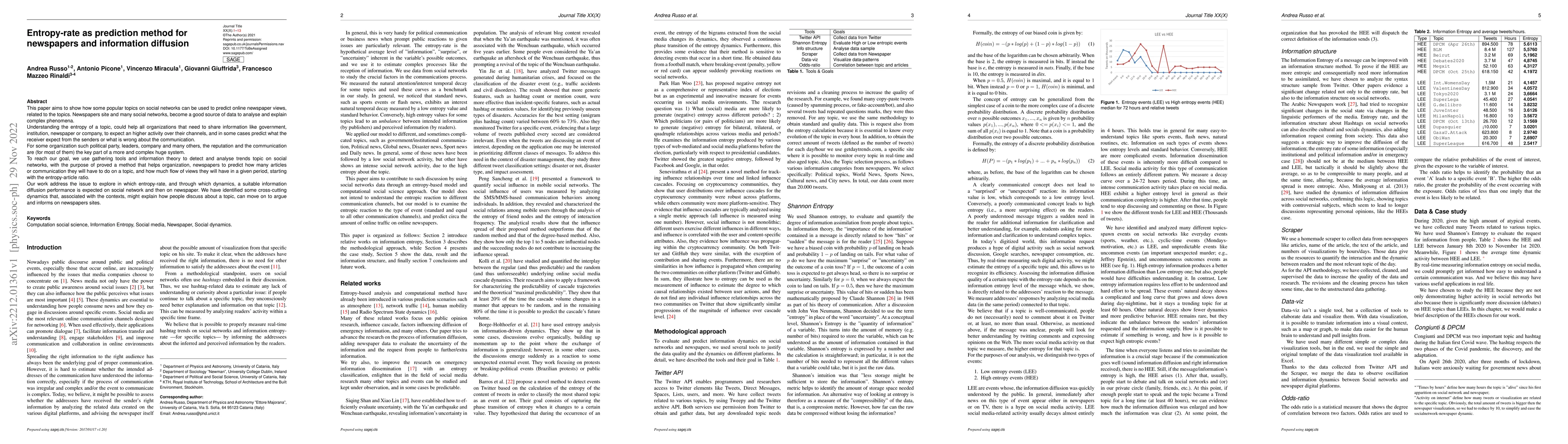 Thumbnail for Entropy-rate as prediction method for newspapers and information
  diffusion