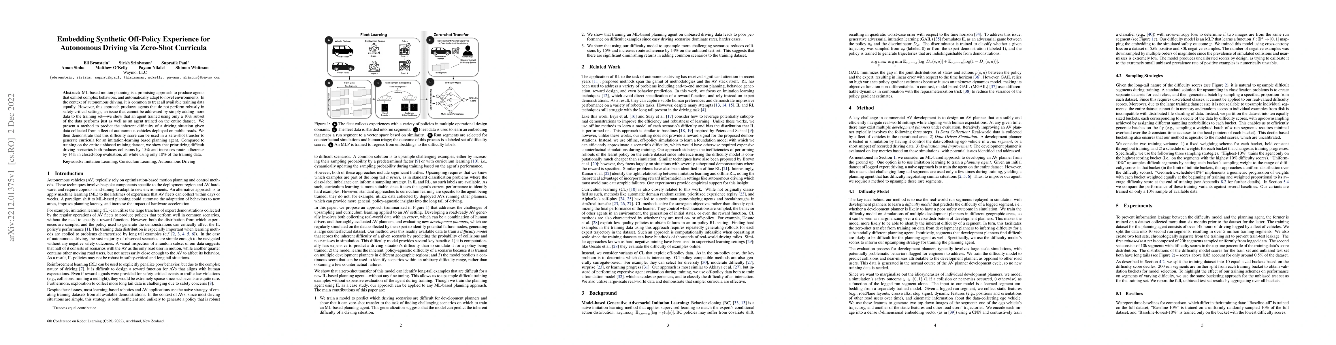 Thumbnail for Embedding Synthetic Off-Policy Experience for Autonomous Driving via
  Zero-Shot Curricula