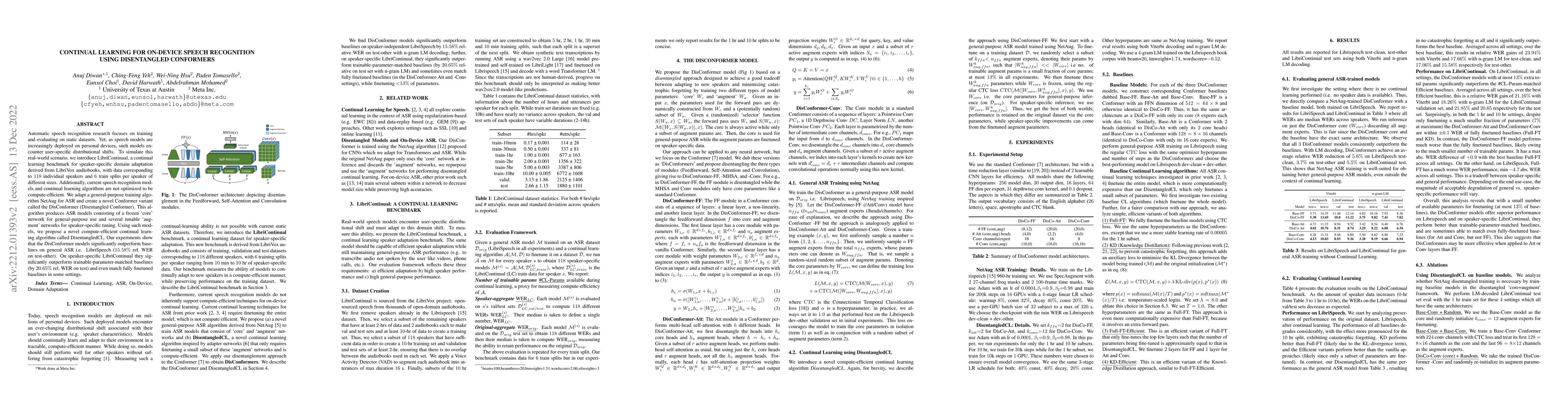 Thumbnail for Continual Learning for On-Device Speech Recognition using Disentangled
  Conformers