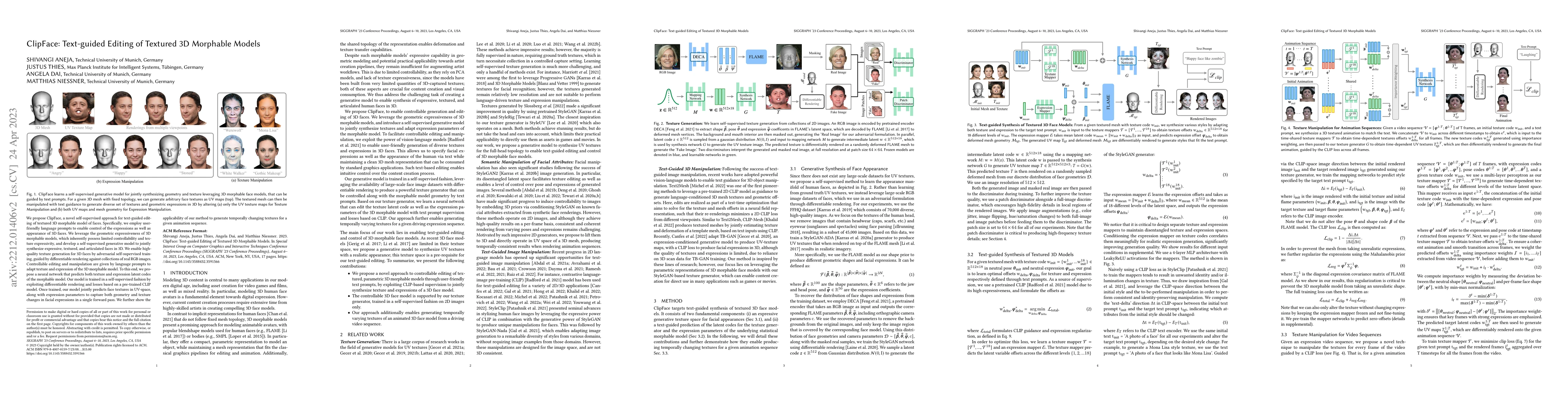 Thumbnail for ClipFace: Text-guided Editing of Textured 3D Morphable Models