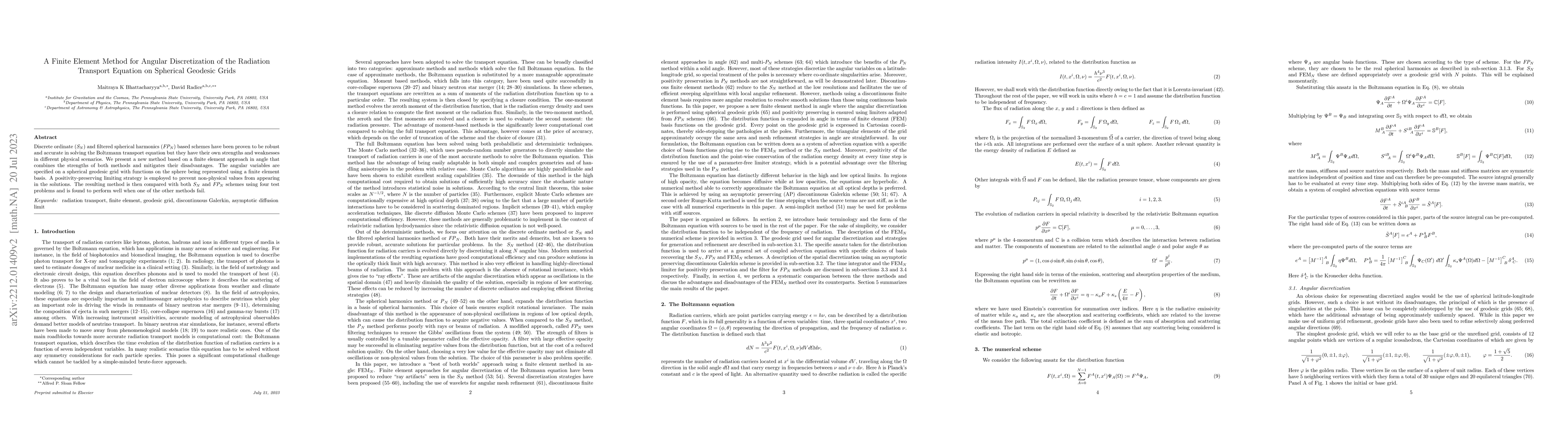 Thumbnail for A Finite Element Method for Angular Discretization of the Radiation
  Transport Equation on Spherical Geodesic Grids