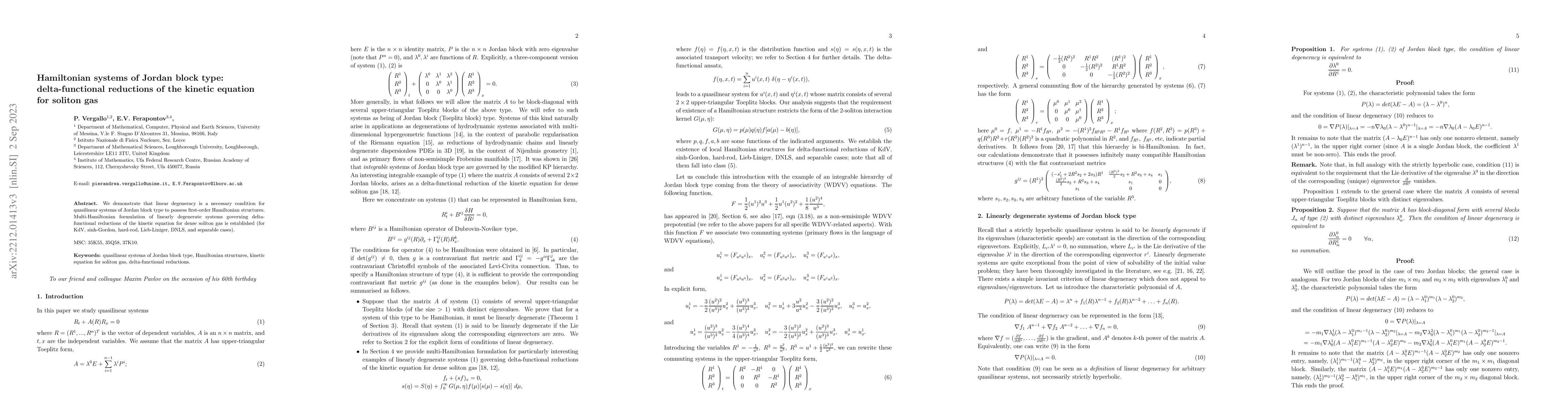 Thumbnail for Hamiltonian systems of Jordan block type: delta-functional reductions of
  the kinetic equation for soliton gas
