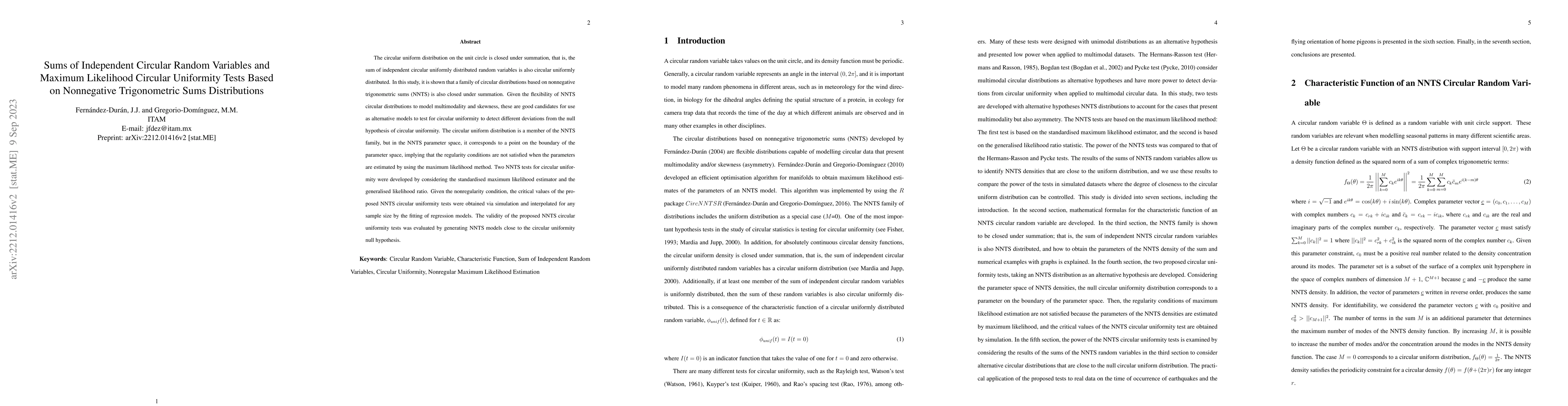 Thumbnail for Sums of Independent Circular Random Variables and Maximum Likelihood
  Circular Uniformity Tests Based on Nonnegative Trigonometric Sums
  Distributions
