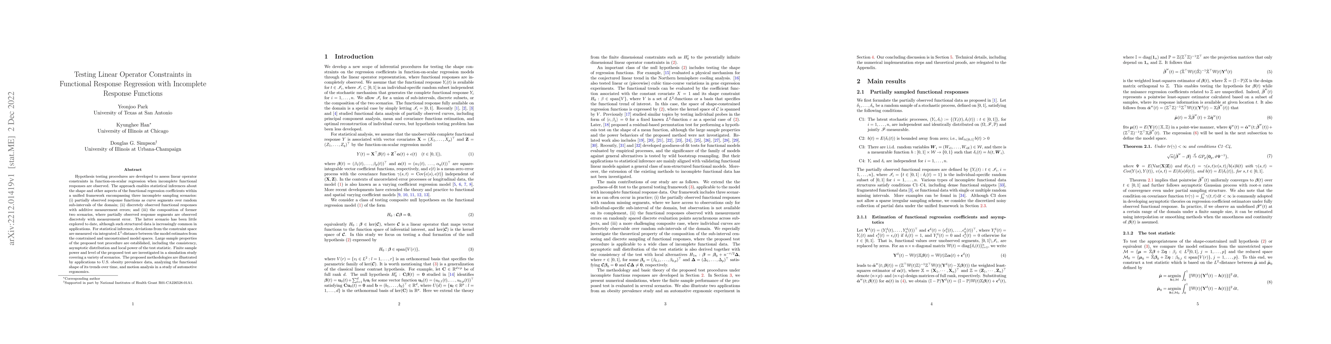 Thumbnail for Testing Linear Operator Constraints in Functional Response Regression
  with Incomplete Response Functions