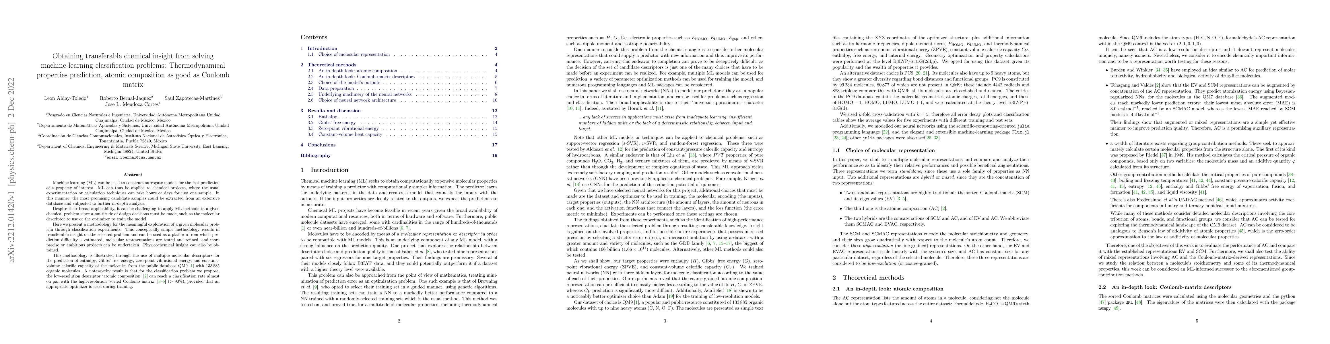 Thumbnail for Obtaining transferable chemical insight from solving machine-learning
  classification problems: Thermodynamical properties prediction, atomic
  composition as good as Coulomb matrix