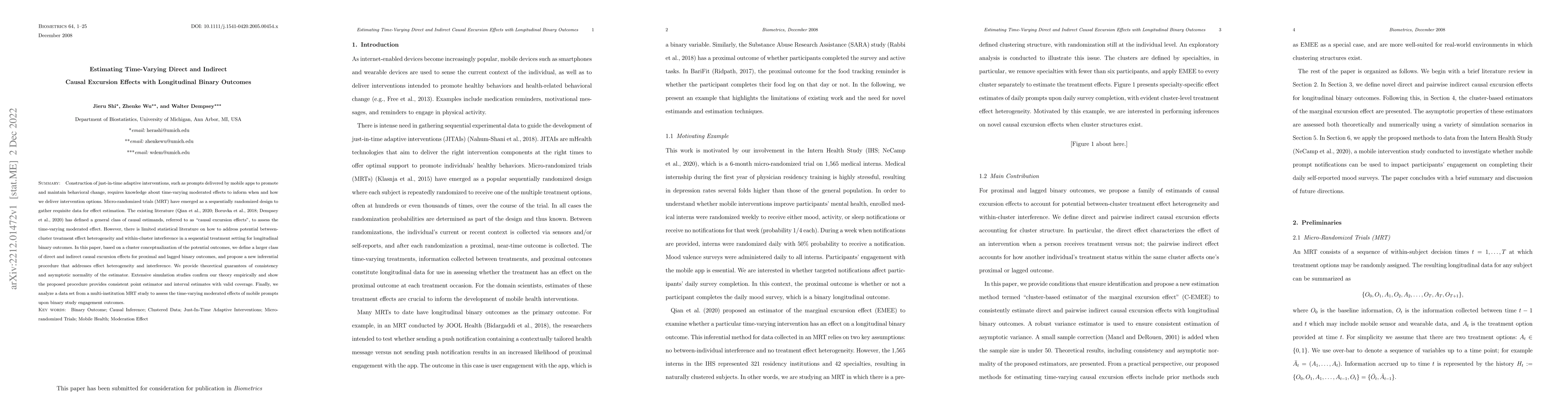 Thumbnail for Estimating Time-Varying Direct and Indirect Causal Excursion Effects
  with Longitudinal Binary Outcomes