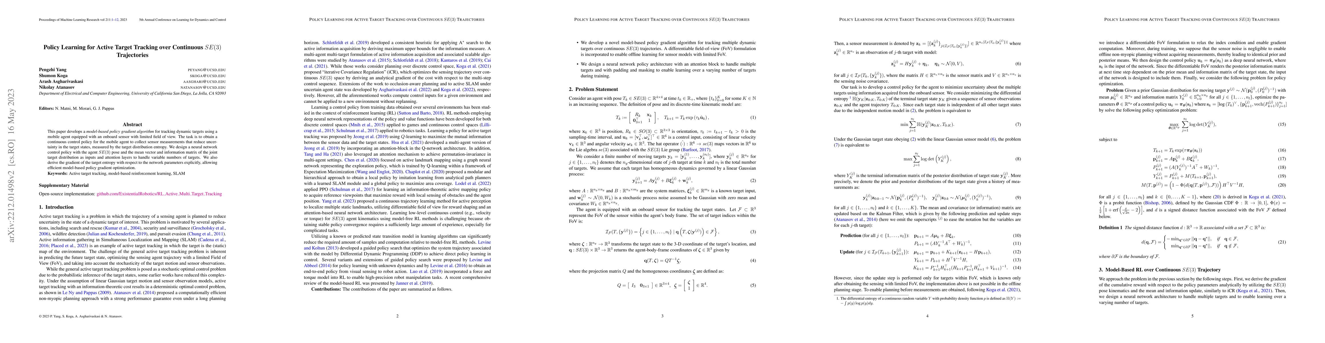Thumbnail for Policy Learning for Active Target Tracking over Continuous SE(3)
  Trajectories