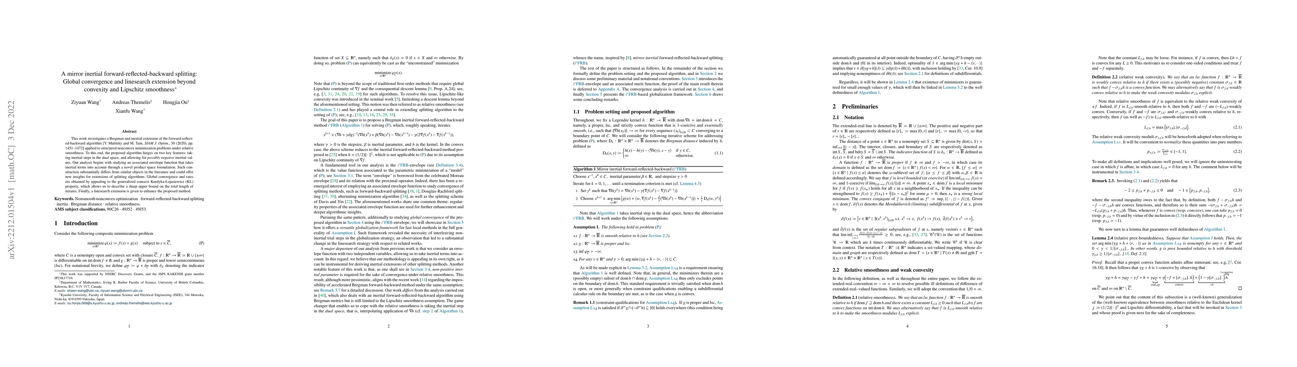 Thumbnail for A mirror inertial forward-reflected-backward splitting: Global
  convergence and linesearch extension beyond convexity and Lipschitz
  smoothness