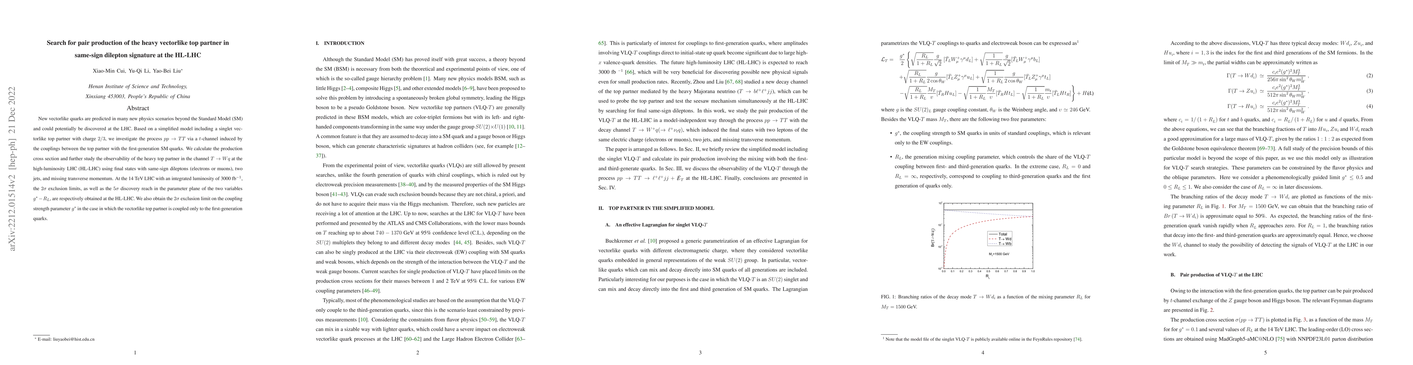 Thumbnail for Search for pair production of the heavy vectorlike top partner in
  same-sign dilepton signature at the HL-LHC